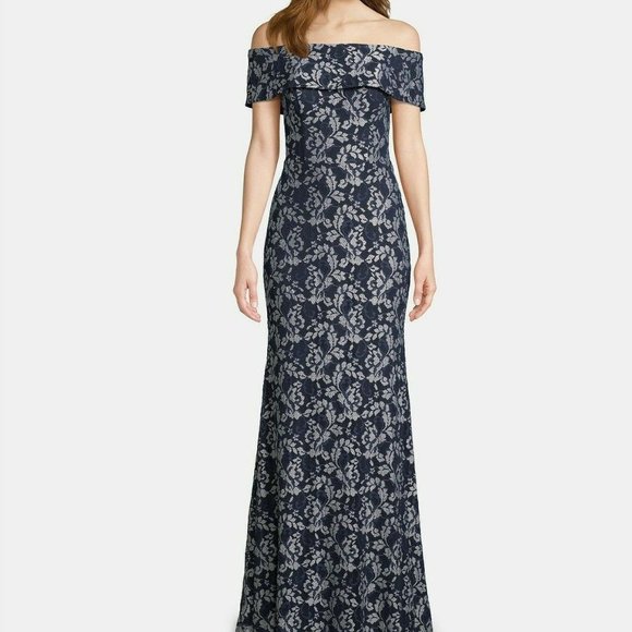 Betsy & Adam Dress 12 Blue/Silver Lace Rhinestone Off Shoulder
